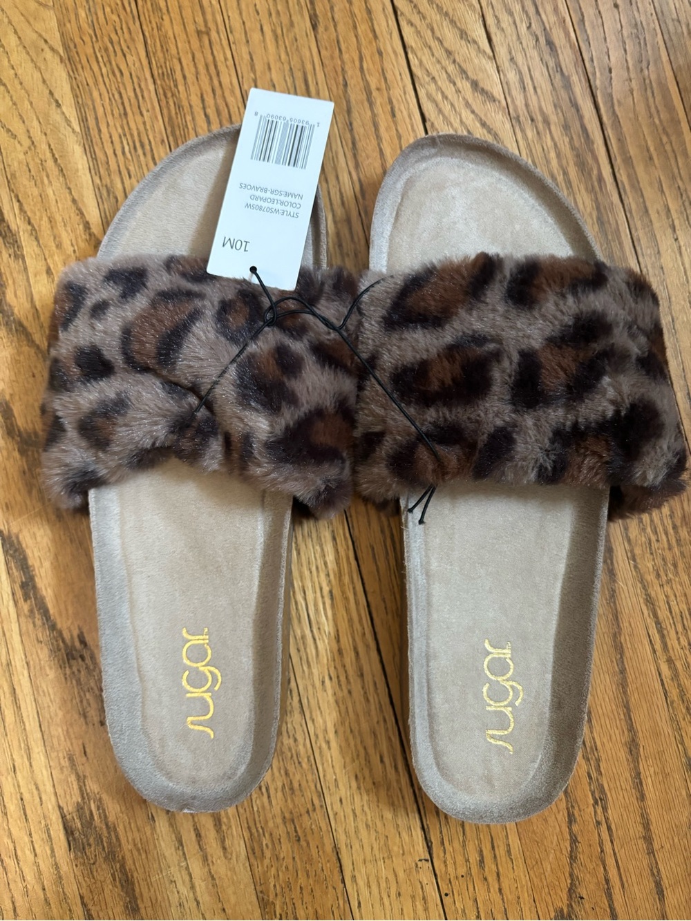 Sugar Leopard Faux Fur Slide Sandals in Brown and Black